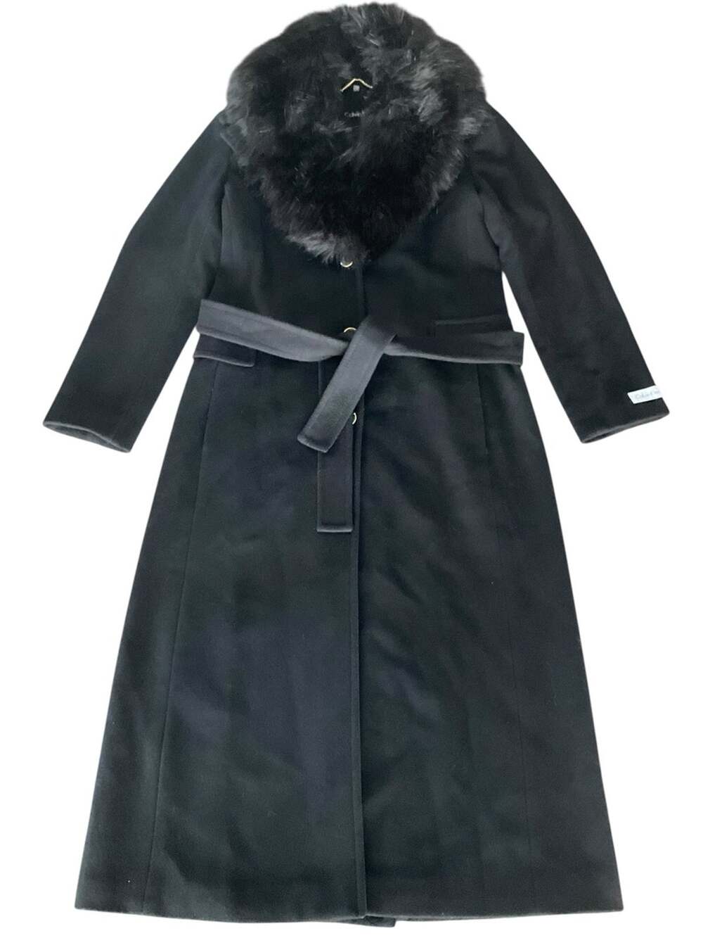 Calvin Klein Women’s Black Long Trench Coat Fur Collar Wool Blend Black Sz 6 EUC